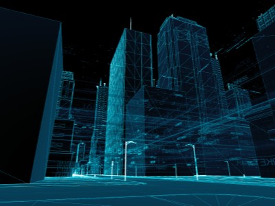 Wireframe image of a skyscraper