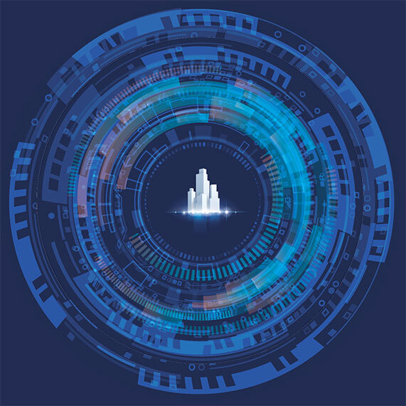 Data lock graphic with building in the centre