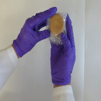Gloved hands holding a sample