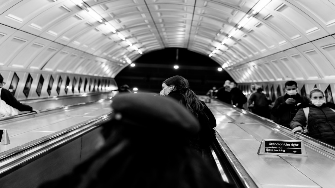 People travelling on escalators on the London Underground